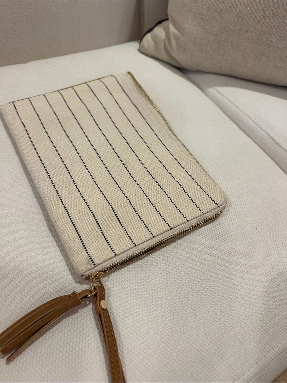 Neiman Marcus Cream Canvas Striped Zip Pouch with Black Pinstripes